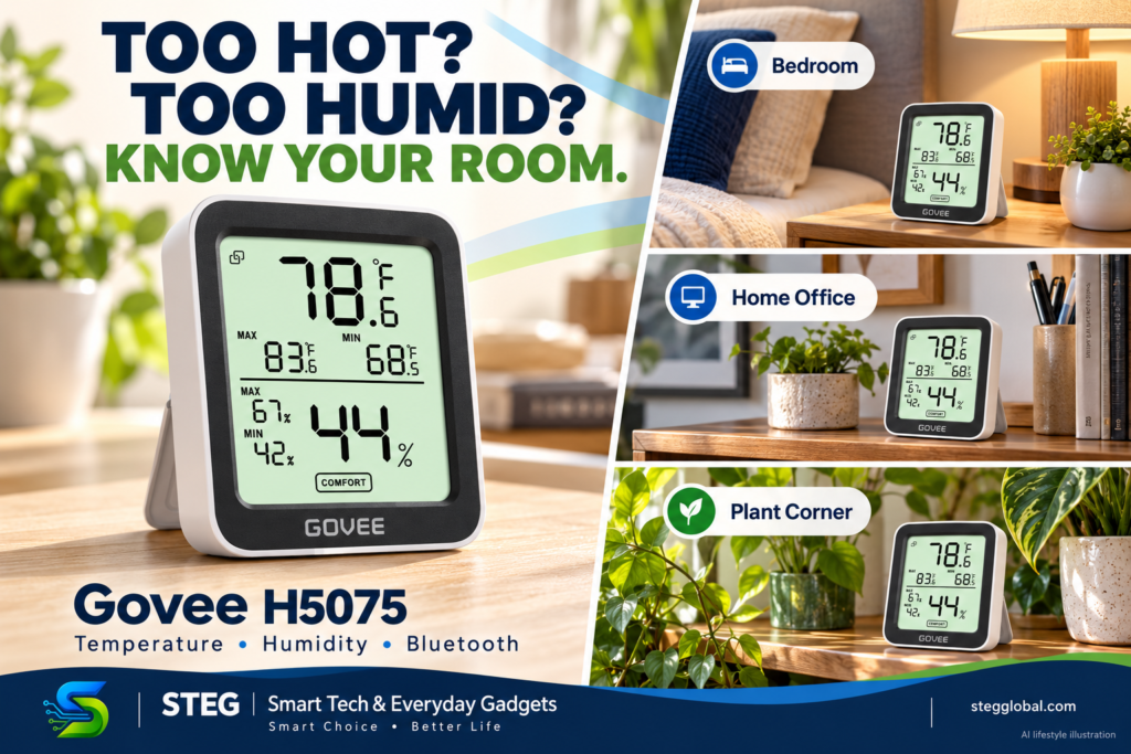 Collage showing a Govee H5075 temperature and humidity monitor beside bedroom, home office, and indoor plant scenes.